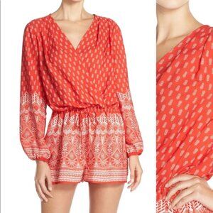 Fraiche by J > Red Paisley V Neck Long Sleeve Romper Medium